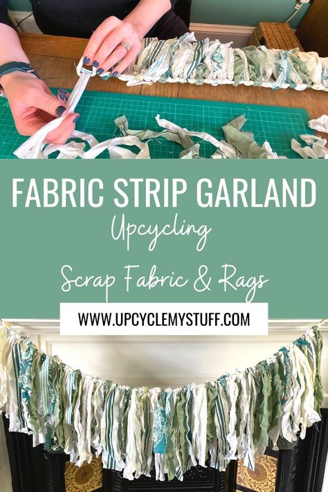 Fabric Garland Diy, Scrap Fabric Ideas, Fabric Banner Diy, Fabric Strip Garland, No Sew Bunting, Easy Garland, Diy Fabric Garland, Use Fabric Scraps, Thrifty Wedding