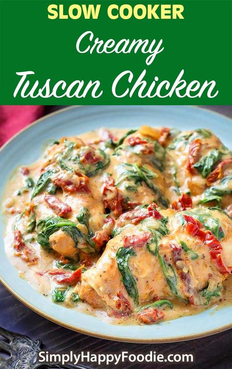 Slow Cooker Creamy Tuscan Chicken recipe is a simple meal to make, and it tastes like you went out to an Italian restaurant! With tender chicken breasts, sun dried tomatoes, and a creamy Alfredo sauce, this crock pot tuscan chicken recipe is a delicious meal you can serve that the whole family will love! slow cooker Tuscan chicken recipe, crock pot Tuscan chicken recipe by simplyhappyfoodie.com #slowcookercreamytuscanchicken #slowcookerchickenbreasts #crockpottuscanchicken #crockpotchicken Crock Pot Tuscan Chicken, Creamy Tuscan Chicken Recipe, Tuscan Chicken Recipe, Chicken Breast Slow Cooker, Creamy Tuscan Chicken, Tuscan Chicken, Chicken Slow Cooker Recipes, Sun Dried Tomatoes, Tender Chicken