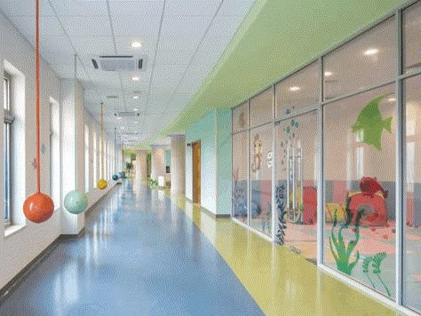 Aiyuhua Hospital for Children and Women in Beijing | Wikoff Design Studio Hospital Hallway, Children Hospital Design, Pediatric Hospital, Kindergarten Interior, Preschool Designs, Classroom Interior, Forest Beach, School Building Design, Daycare Design