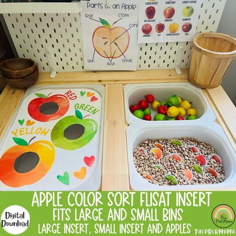 Table Insert Ideas, Sensory Table Activities Preschool, Sensory Table For One Year Old, Fall Flisat Table, Sensory Table Inserts, Birthday Sensory Table, Diy Flisat Insert, Fall Sensory Table Ideas, Apple Sensory Bin Preschool