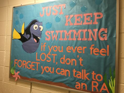 Finding Nemo Bulletin Board Finding Nemo Bulletin Board, Nemo Bulletin Board, Pixar Christmas, Finding Nemo Theme, Dorm Door Decorations, Ra Door Decs, Ra Themes, Dorm Door, Door Decs