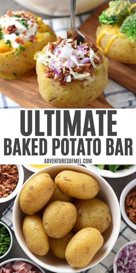 Set up the ultimate baked potato bar loaded with all the best toppings. Easy baked potato buffet ideas for a crowd, party, wedding, or special occasion. Complete with set up ideas and toppings list! Potato Buffet, Baked Potato Bar Ideas, Potato Bar Ideas, Potato Bar Party, Baked Potato Bar Toppings, Potato Bar Toppings, Baked Potato Toppings, Easy Baked Potato, Baked Potato Bar