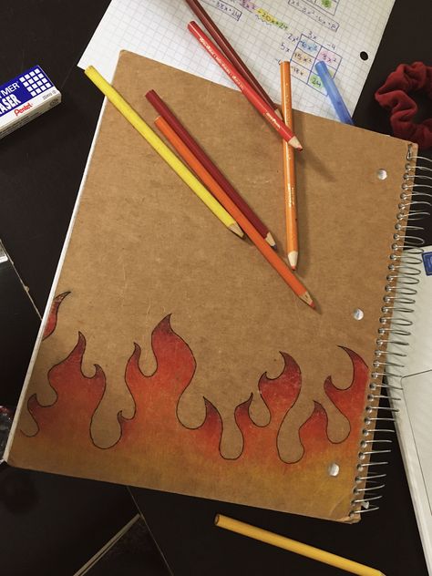 Aesthetic Fire Drawing, Back Of Notebook Drawing, Things To Draw On Notebook Cover, Aesthetic Notebook Drawings, Aesthetic Notebook Cover Design Diy, Drawing On Notebook Cover, Fire Aesthetic Drawing, Diy Notebook Cover Aesthetic, Scetches Notebook Aesthetic