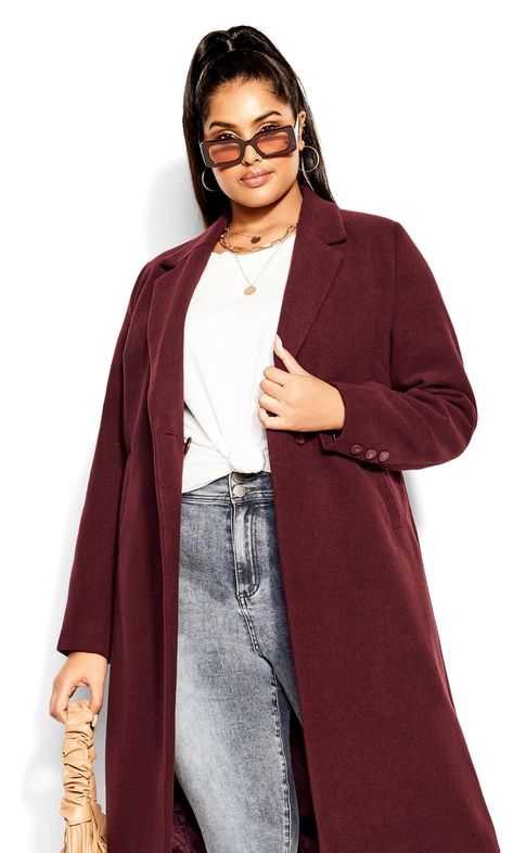 Elevate your formal ensemble with the City Chic Burgundy Red Midi Formal Coat. The rich burgundy hue exudes sophistication, while the midi length adds a touch of elegance to your look. Whether attending an event or simply stepping out in style, this coat effortlessly combines warmth and style. Size 22 Women, Formal Coat, Chic Coat, Red Midi, Curve Fashion, Plus Size Coats, Leggings Sale, Plus Size Kleidung, Denim Coat Jacket