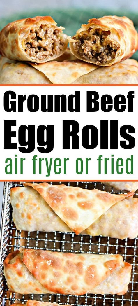 Ground beef egg rolls are cheap and can be fried or cooked in your air fryer too! Add cheese for an ooey gooey cheeseburger egg roll meal too. #cheeseburgereggrolls #eggrolls #airfryereggrolls #groundbeefeggrolls Ground Beef Egg Rolls Air Fryer, Air Fryer Ground Beef Recipes, Ground Beef Egg Rolls, Beef Egg Rolls, Hamburger Rolls, Airfryer Recipes, Egg Roll Recipes, One Dish Dinners, Hamburger Recipes