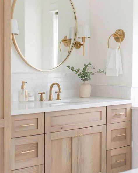 Studio Mcgee Bathroom Ideas, 2024 Color Palette, Gold Bathroom Fixtures, Jade Design, Oak Bathroom, Primary Bath, Wood Bathroom Vanity, Bathroom Redesign, Master Bath Remodel