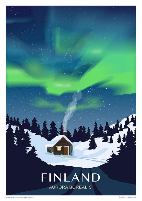 Norway. The Northern Lights, also known as the Aurora Borealis, is a spectacular natural light display often seen in the nights sky. It can be seen predominantly in regions of high latitude, although the Northern Lights have been seen before from Norfolk in the UK! Finnish Northern Lights. This print fits into standard size frames. Travel/Railway style poster print, art print. This is one print from a series of over 350 images by White One Sugar, a group of Kent based artists. It has been printe Northern Lights Illustration, Finland Poster, Norway Aurora, Finland Aesthetic, Northern Lights Christmas, Northern Lights Finland, Northern Lights In Norway, Northern Lights Norway, Norway Travel