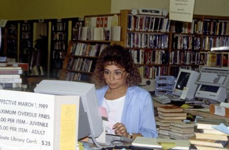 Burbank library staff in 1990. California, USA. Librarian. Early 2000s Library, 80s Library, 80s Librarian, 1990s Life, Library Job, Magic Library, 90s Office, High School Library, 2 Best Friends