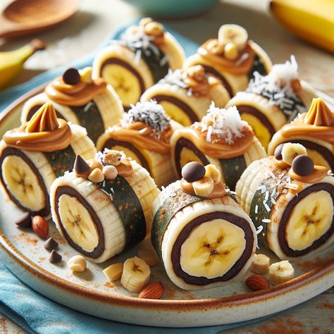 Cooking up Joy - Made with love: Banana Sushi Rolls: A Sweet Snack Idea Sushi Dessert Ideas, Banana Sushi Rolls, Traditional Sushi, Sweet Sushi, Banana Sushi, Gluten Free Tortillas, Healthy Brunch, Hazelnut Spread, Vegan Chocolate Chip