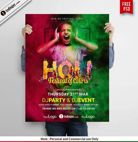 Colorful Holi Festival Celebration Party Poster Holi Creative Poster Design, Holi Poster Graphic Design, Holi Flyer, Flyer Graphic Design, Holi Offer, Templates Facebook, Holi Poster, Holi Party, Photoshop Flyer