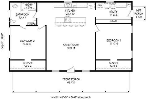 Main Floor Plan: 87-136 2 Bedroom Floor Plans, Guest House Plans, Shed House Plans, Country Ranch, Pool House Plans, 2 Bedroom House Plans, Cabin Floor Plans, Small House Floor Plans, Barndominium Floor Plans