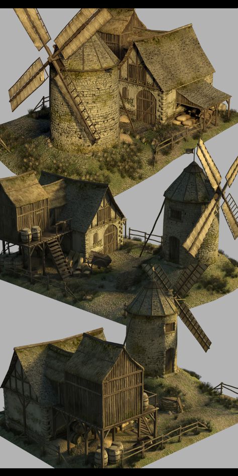 Medieval Windmill, Blender Assets, Medieval Farmhouse, Medieval Farm, Medieval Map, Minecraft Kingdom, Windmill Art, Grass Roof, Warhammer Fantasy Roleplay