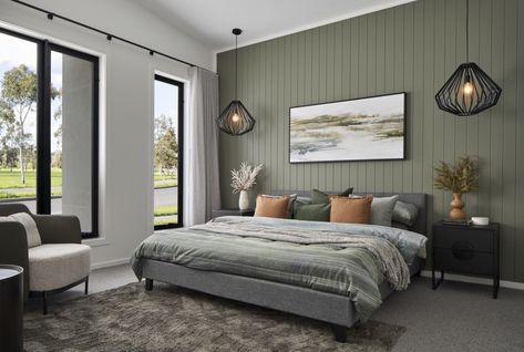 Modern meets urban edge at our Barcelona 32 in Armstrong Display Village, Geelong - Boutique Homes Vj Bedroom Wall, Bedroom With Vj Panelling, Green Vj Panelling Bedroom, Vj Wall Panelling, Green Vj Panelling, Main Bedroom Ideas Master Suite Feature Wall, Vj Bedroom, Dressing Room Panelling, High Ceiling Bedroom Master Suite