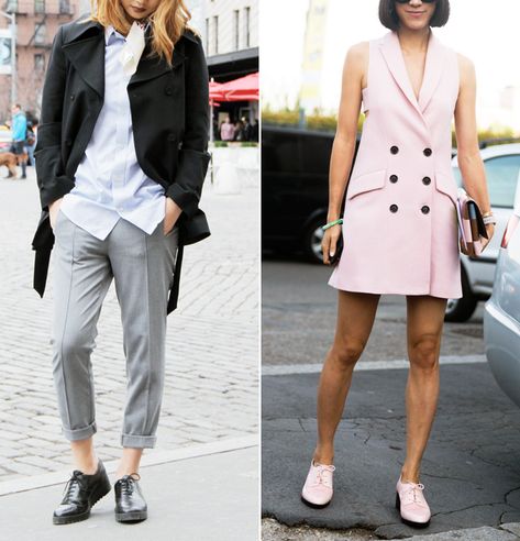 Street Style Stars Are Loving Oxford Shoes! Here's How to Wear Them in Unexpected Ways - Try a Menswear-Inspired Look  - from InStyle.com Oxford Shoes With Dress, How To Style Women’s Oxfords, Outfits With Oxfords Women, Lace-up Oxfords For Office In Spring, Lace-up Oxfords With Contrast Sole For Work, Oxford Lace-up Shoes For Spring Workwear, How To Style Oxford Shoes Women, White Oxford Shoes Outfit, Oxford Women Outfit