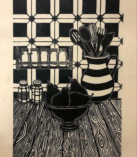 Linocut of a kitchen still life printed on handmade rice paper Still Life Linocut, Kitchen Linocut, Linocut Food, Print Making Designs, Kitchen Still Life, Still Life Sketch, Printmaking Ideas, Relief Prints, Linocut Printmaking