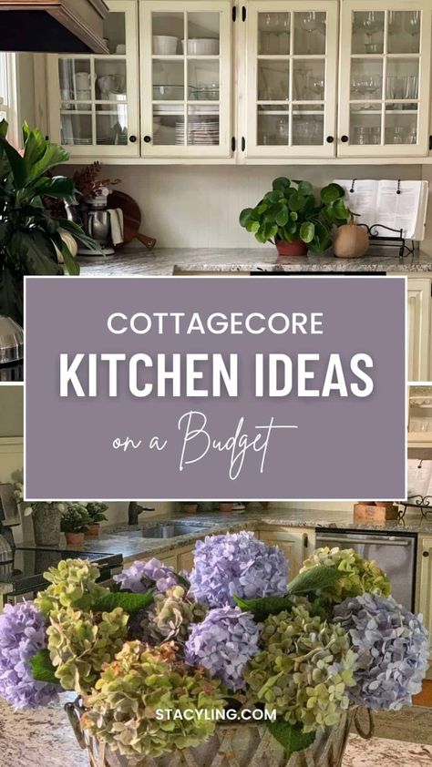 Transform your kitchen into a charming cottagecore haven with these affordable DIY projects and decorating tips.rnrnCottagecore kitchenrnCottagecore décorrnKitchen renovation on a budgetrnDIY kitchen makeoverrnVintage kitchen ideasrnRustic kitchen designrnFarmhouse kitchen stylernKitchen cabinet updaternKitchen countertop ideasrnOpen shelvingrnNatural materialsrnSoft colorsrnFloral accents Cottagecore Kitchen Rental, Diy Cottagecore Decor, Cottagecore Kitchen Ideas, Modern Cottage Core, Rustic Cottage Kitchens, Cottage Core Kitchen, Cottage Kitchen Decor, Top Kitchen Cabinets, Cottagecore Kitchen