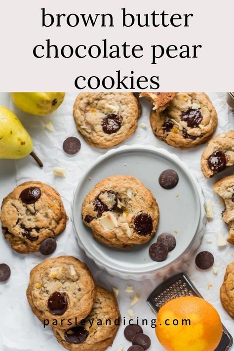 Thick, chewy Brown Butter Chocolate Pear Cookies. Rich and chocolatey and at the same time super fresh tasting thanks to fresh pear and lots of orange zest! Definitely not your average cookie recipe! #cookierecipes Pear Cookies, Pear And Chocolate Cake, Fall Cookie Recipes, Milk Chocolate Chip Cookies, Cookie Icing Recipe, Fruit Crumble, Delicious Christmas Cookies, Dark Chocolate Cookies, Fruit Dessert Recipes