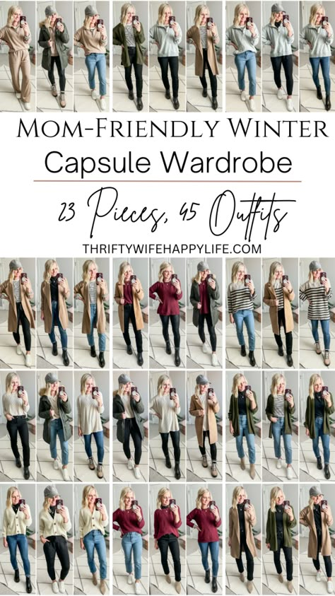 The Ultimate Mom Winter Capsule Wardrobe for 2023 - Thrifty Wife Happy Life Capsule Wardrobe With Outfits, Women’s Work Outfits Winter, Casual Dress Up Outfits Winter, Mom Style Winter 2023, Mom Outfits Capsule Wardrobe, French Inspired Capsule Wardrobe, Mom Winter Capsule Wardrobe, Winter Clothes Capsule, Women’s Winter Capsule Wardrobe