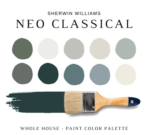 The PDF contains EVERYTHING you need to KNOW about Sherwin Williams NEOCLASSICAL Paint Colors! It includes a list of 16 complementary Sherwin Williams NEOCLASSICAL Paint Colors that complement each other. This is a PREPACKAGED Color Palette Selection Listing that includes the Sherwin Williams complementary color recommendations for walls, ceilings, trims, moldings, doors, and window frames - for your WHOLE HOUSE. NOTE: This LISTING is MORE than color palette suggestions! This is a *digital downl Neoclassical Interior Design Color Palette, Neo Classical Color Palette, Neoclassical Color Palette, Modern Traditional Color Palette, Interior Design Neoclassical, Luxury Color Palette, Paint Sheen Guide, Material Color Palette, High End Interior Design