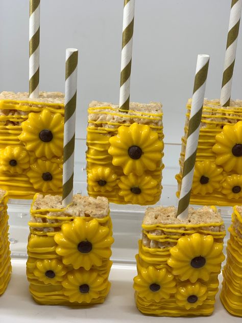 Sunflower Desserts, Sunflower Treats, Sunflower Baby Shower Ideas, Pink Baby Shower Ideas, Covered Rice Krispie Treats, Chocolate Covered Rice Krispie Treats, Sunflower Birthday Parties, Diaper Party, Sunflower Birthday