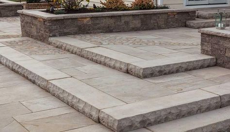 York Step by Techo Bloc. This would look great with granite as well Sunken Room, Bluestone Steps, Front Porch Stone, Paver Steps, Step Ideas, York Stone, Stone Step, Brick Steps, Step Stones