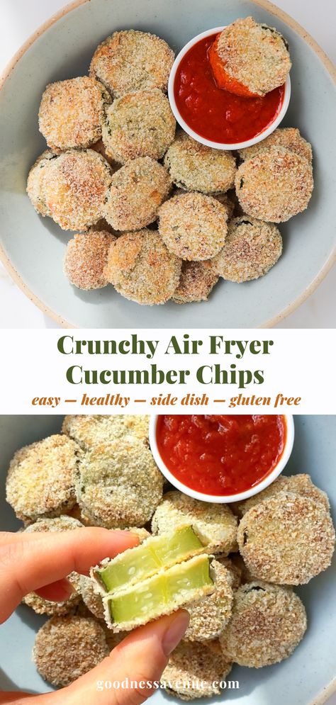 Crumbed cucumbers in a blue bowl. Air Fryer Cucumber Recipes, Fried Cucumbers Air Fryer, Air Fryer Cucumber Chips, Cucumber Chips Air Fryer, Fried Cucumber Recipes, Air Fryer Cucumber, Cucumber Bread, Fried Cucumbers, Air Fryer Chips