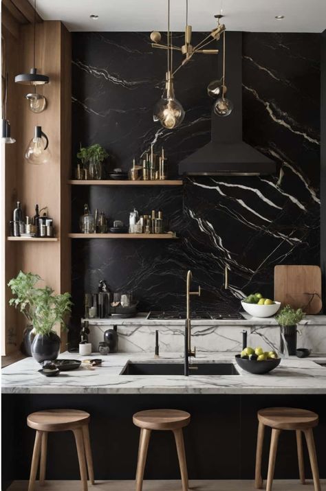 This is a stunning way to use stone! Notice they have 2 different complimentary stones. Colorful Backsplash Ideas, Backsplash With Black Granite, Backsplash For Black Granite Countertops, Quartz Backsplash Kitchen, Creative Bedroom Decor, Black Marble Countertops, Bar Countertops, Colorful Backsplash, Quartz Backsplash