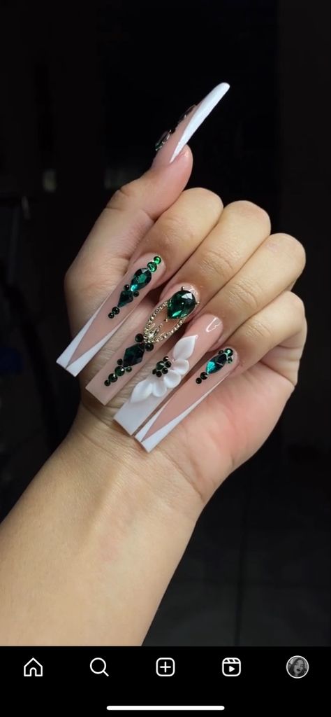 Nails V French Tip, Hunter Green Acrylic Nails, Graduation Nails Black, Acrylic Nail Flowers, V French Tip Nails, Hispanic Nails, V French Tip, Crazy Acrylic Nails, Nails Graduation