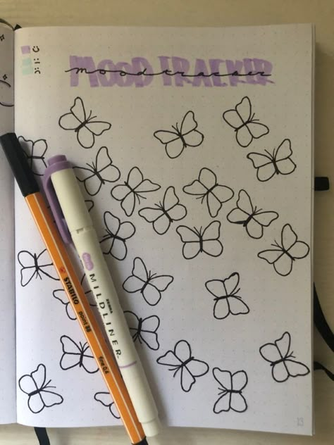 Mood Tracker Book Theme, Journal Page Themes, January Page Ideas, Bujo Purple Theme, Dot Book Journal Ideas, Purple Mood Tracker, Bujo January Mood Tracker, Butterfly Bujo Theme, Mood Tracker Journal Ideas