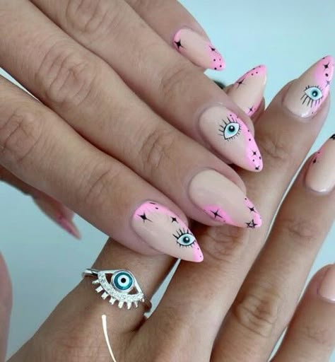 Evil Nails Designs, Eyelash Nail Art, Pink Evil Eye Nails, Spiritual Nail Art, Mixed Nails, Shorter Nails, Nails 23, Nail 2022, Uñas Aesthetic