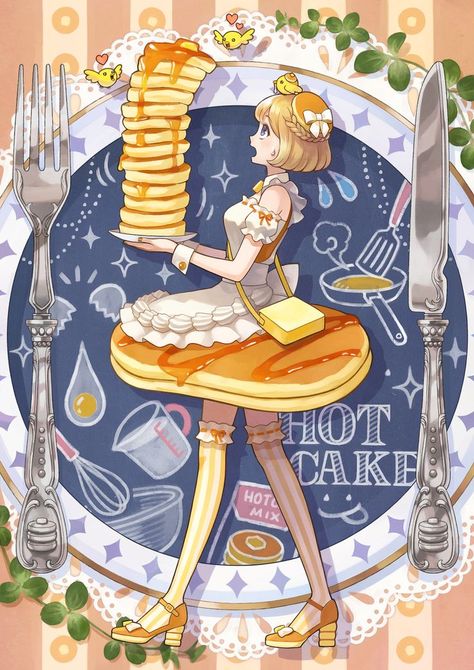 Food People Art, Food Personification, Anime Breakfast, Anime Food Art, Breakfast Dress, Breakfast Princess, Princess Dress Drawing, Manga Food, Read Anime