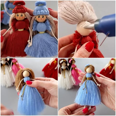 Diy Small Doll, Wooden Bead Head Doll, Bead Dolls, Yarn Dolls How To Make, Diy Yarn Dolls How To Make, Wooden Bead Crafts, Diy Yarn Dolls, Wool Crafts Diy, Christmas Diy Kids