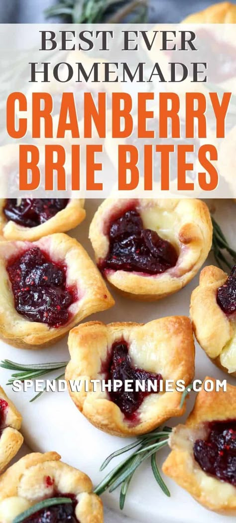 Cranberry brie bites are the perfect party appetizer. This easy recipe is made with just 4 simple ingredients including premade crescent rolls! Make-ahead or pop in the freezer to have these yummy treats on hand at any time!  #spendwithpennies #cranberrybriebites #appetizer #easyrecipe #bitesized #partyappetizer #makeahead Cranberry Brie Bites, Brie Cranberry, Cranberry Brie, Brie Bites, Homemade Pastries, Cranberry Sauce Homemade, Party Appetizer, Holiday Appetizers, Homemade Snacks