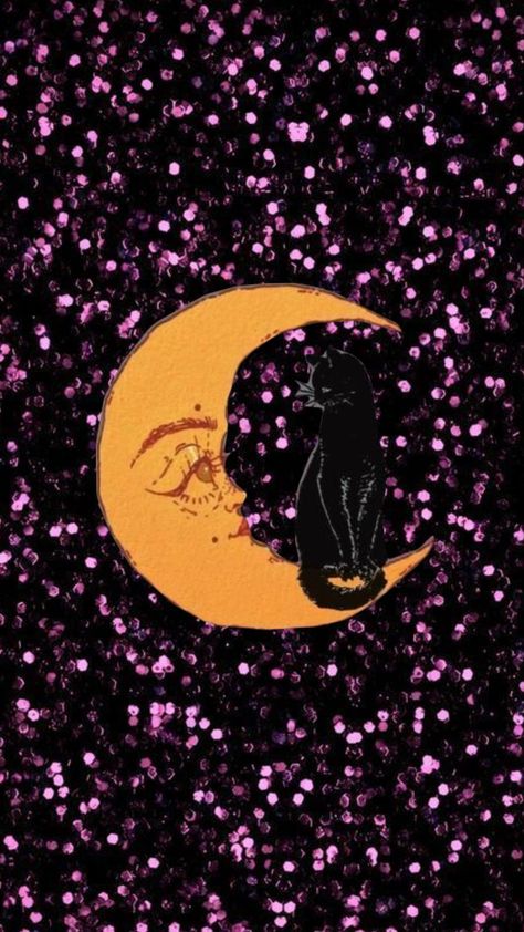 #moon #cats #glitter Halloween Glitter Wallpaper, Phone Wallpaper Glitter, Purple Rocks, Sparkly Halloween, Crystals Purple, Crystals Amethyst, Spooky Szn, Glitter Wallpaper, Halloween Backgrounds