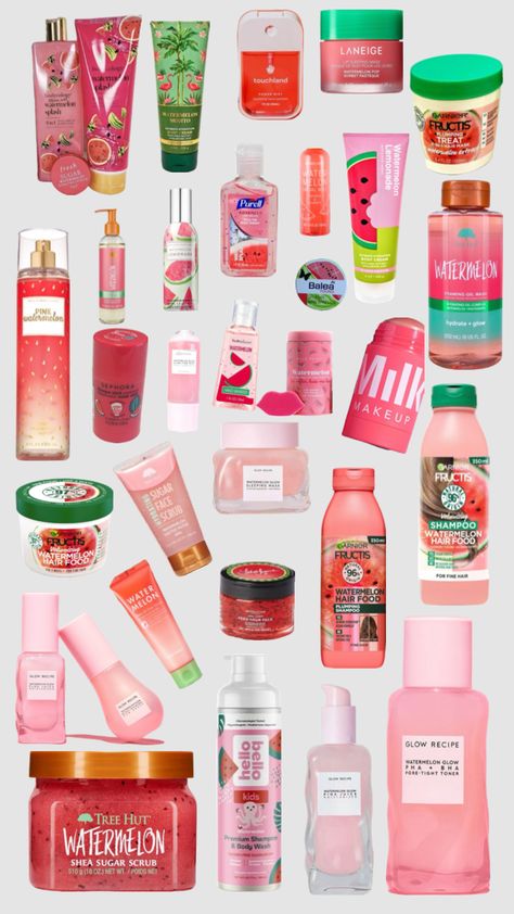 #watermelon #cosmetics Watermelon Skincare Products, Watermelon Scrub, Garnier Fructis, Cute Watermelon, Skin Care Kit, Milk Makeup, Shower Skin Care, Mojito, Melon