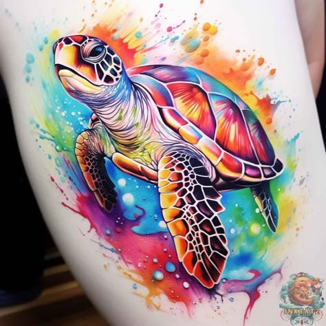 50 Sea Turtle Watercolor Tattoos: A Symbol of Strength and Beauty - inktat2.com Sea Turtle Tattoo Realistic Color, Watercolour Turtle Tattoo, Turtle Tattoo Colorful, Hibiscus And Turtle Tattoo, Tattoo Ideas Female Turtle, Color Turtle Tattoo, Turtle Tattoo Color, Under Water Tattoo Ideas, Watercolor Sea Turtle Tattoo