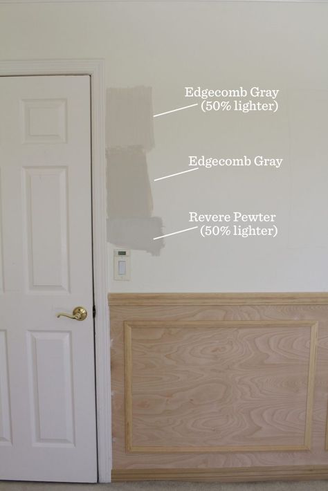 One Room Challenge Week 3 - Wainscoting is in! Revere Pewter Wainscoting, Benjamin Moore Cloud White, Edgecomb Gray, Revere Pewter, French Style Homes, Challenge Week, Wainscoting, Wall Color, Pottery Barn