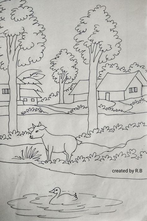 Village Simple Drawing, Village Scene Drawing Easy, Village Drawing Easy, Village Drawing Landscapes, Village Scene Drawing, Scenery Drawing For Kids, Village Scenery, Easy Scenery Drawing, Village Drawing