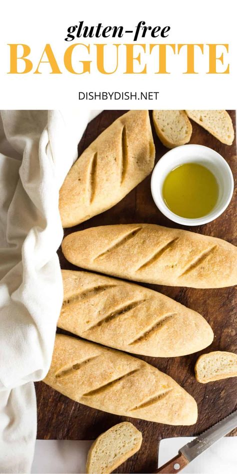 Crusty on the outside, and soft and tender inside, this easy gluten-free baguette recipe is perfect for making sandwiches, or slicing and toasting to make bruschetta. No kneading required, this recipe is also dairy-free. Bake a batch and enjoy homemade baguettes today! Gluten Free Baquet, Gluten Free Baguette Recipe, Gluten Free Baguette, Making Sandwiches, Baguette Recipe, Dairy Free, Sandwiches, Toast, Dairy