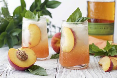 Peach Basil Spritzer - Peanut Butter and Fitness Basil Vodka Cocktail, Alcohol Calories, Carbs List, Peach Basil, Summer Flavors, Emergency Food Storage, Ginger Peach, Peach Puree, Vodka Cocktail