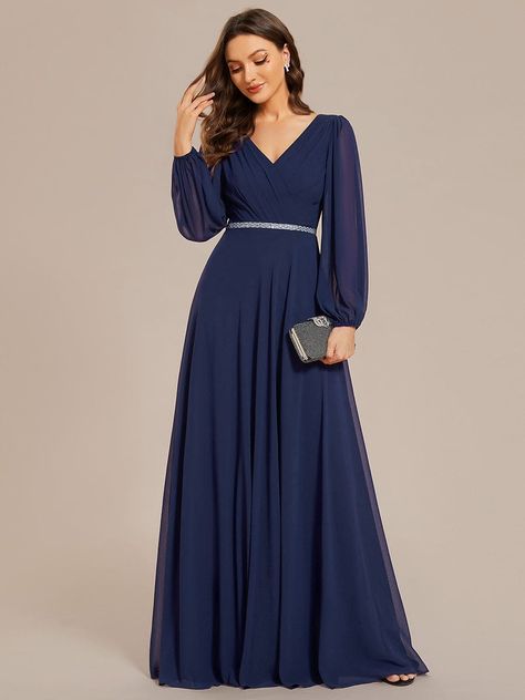 Make a stunning entrance at your next special event in our Pleated Double V-Neck Long Sleeves Shiny Belt Chiffon Evening Dress. The flowing chiffon fabric drapes beautifully, while the pleated details add a touch of sophistication. With its double V-neckline and shiny belt, this dress is ideal for glamorous occasions, like weddings or cocktail parties. Step into the spotlight and exude confidence in this exquisite evening dress. Fit: Please refer to size chart. Length: Floor length. Sleeve Style Party Wear Gowns, Long Frock Designs, Long Gown Design, Frock Designs, Black Tie Formal, Dress With Pleats, Plus Size Gowns, Long Frock, Chiffon Evening Dresses