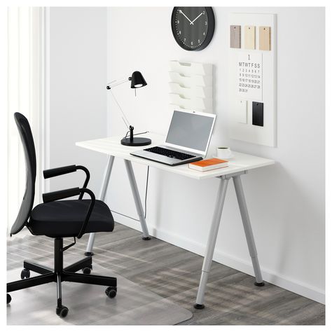 IKEA THYGE White, Silver Color Desk Ikea Bekant Desk, Bekant Desk, Ikea Bekant, Office Redo, Diy Computer Desk, Ikea Ideas, Ikea Desk, Birch Veneer, Ikea Home