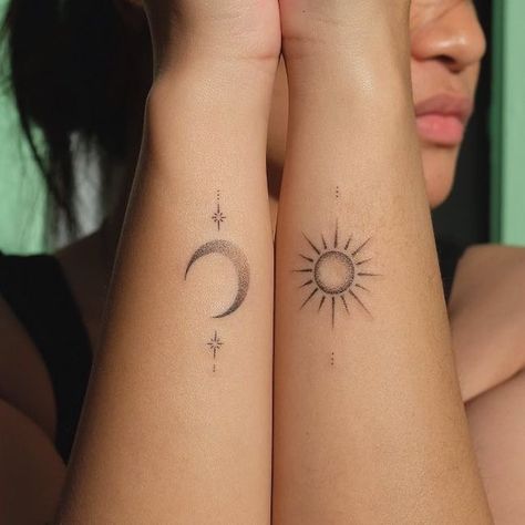 Sun And Moon Tattoo Matching Minimalist, Sun And Moon Tattoo Above Knee, Hand Poked Sun Tattoo, Fine Line Sun And Moon Tattoo Matching, Sun And Moon Tattoo On Wrist, Sun Snd Moon Matching Tattoos, Moon And Sun Friend Tattoo, Hand Poke Sun Tattoo, Handpoke Sun Tattoo