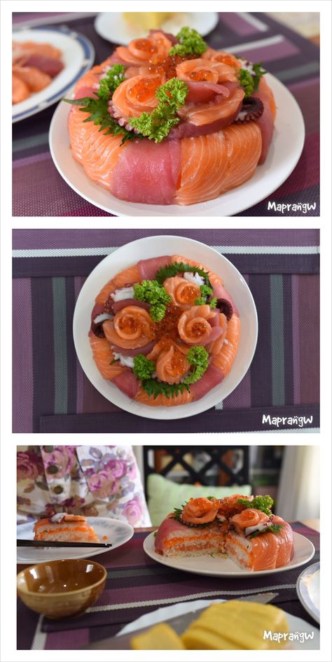 Salmon Birthday Cake, Sushi Cake, Salmon Sushi, Japanese Sushi, Sushi Recipes, Creative Food, Food Ideas, Cake Decorating, Cooking Recipes