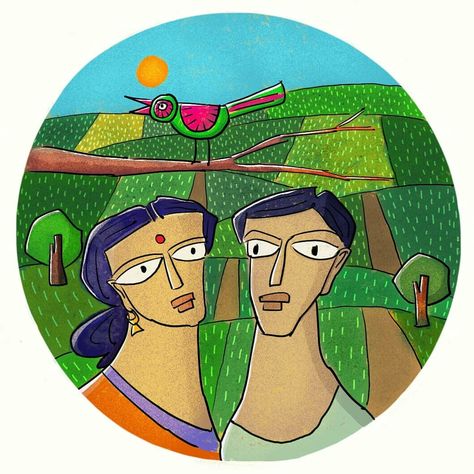 Couple, Bangladeshi folk art Bangladeshi Artwork, Bangladeshi Folk Art, Gond Painting, Art To Sell, Bengali Art, Folk Design, Pen Drawings, Human Figures, Random Drawings