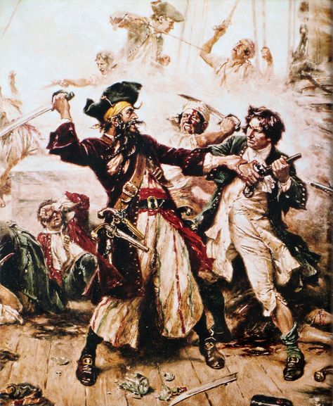 'Capture of the Pirate, Blackbeard, 1718 depicting the battle between Blackbeard the Pirate and Lieutenant Maynard in Ocracoke Bay' (1920) by Jean Leon Gerome Ferris (1863-1930) Famous Pirates, Golden Age Of Piracy, Monkey Island, Pirate Art, Black Beards, Pirate Day, Bridgetown, The Pirates, Pirate Life