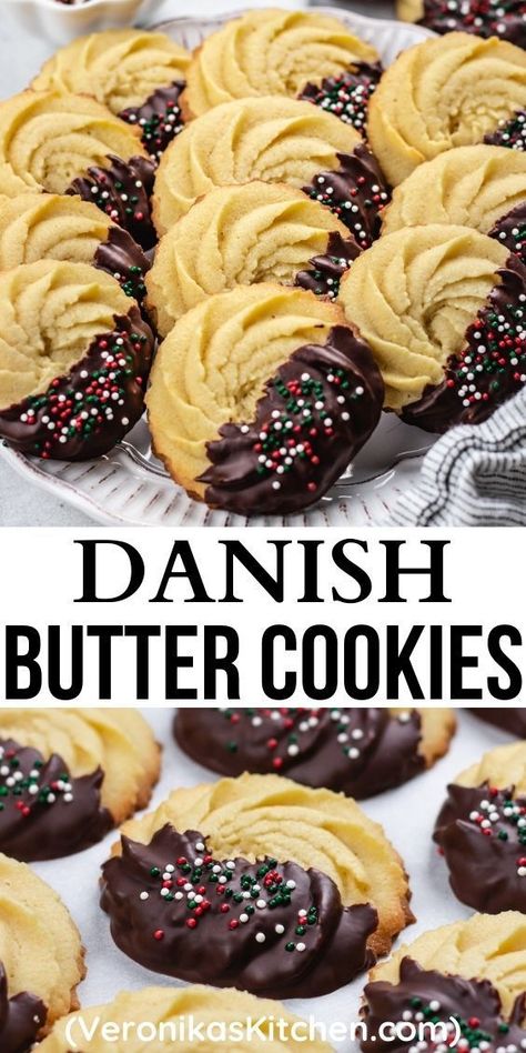 Christmas Danish Cookies, Half Dipped Cookies, Danish Cookies Recipe, Danish Butter Cookies Recipe, Christmas Butter Cookies, Homemade Danish, Christmas Butter, Christmas Cookies Recipe, Butter Cookie Recipe Easy