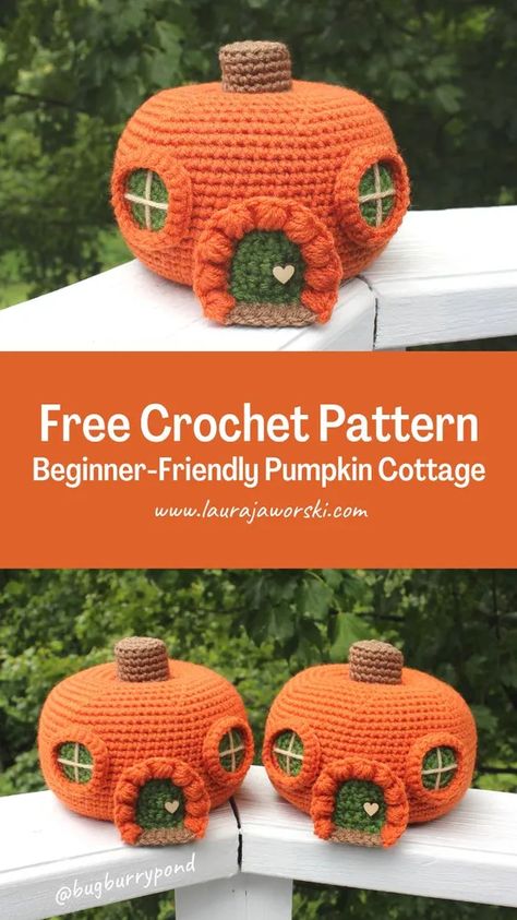 Laura Jaworski, Pumpkin Cottage, Fairy Homes, Crochet Cardigans, Fall Crochet Patterns, Crochet Fairy, Crochet Xmas, Halloween Crochet Patterns, Crochet Fall