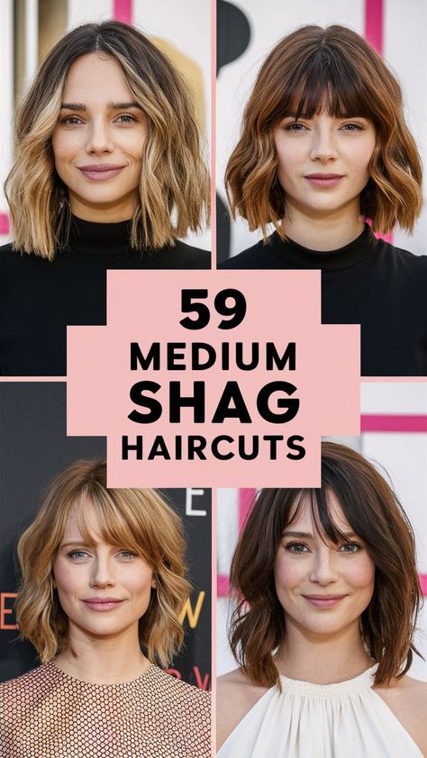 Medium shag haircuts are a great choice for women with fine hair over 50. This style, featuring choppy layers for fine hair and curtain bangs, adds volume and texture to straight hair. It's ideal for shoulder-length hair, offering a youthful and modern look. The choppy layers create a messy, carefree vibe, perfect for women with thinning hair. Whether you have thick hair or fine hair, the medium shag is versatile and flattering, especially for round faces and wavy hair. Medium Shag For Fine Hair, Shag For Fine Hair Medium Layered, Curtain Bangs Fine Hair Straight, Round Face Shag Haircut, Choppy Layers For Fine Hair, Medium Shag With Curtain Bangs, Hair Styles For Brunettes, Bangs And Wavy Hair, Shoulder Length Shag Haircut