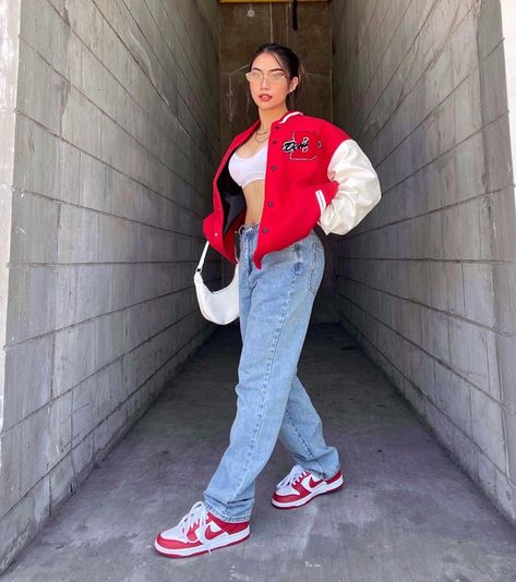 Rachelle Ruth on Instagram: “Comment your fave red emoji 🍒” Red Jordans Outfit For Women, Red Outfit Winter, Red Sneakers Outfit, Red Emoji, Dunks Outfit, Drippy Outfit, Tomboy Style Outfits, Streetwear Fashion Women, Tomboy Fashion